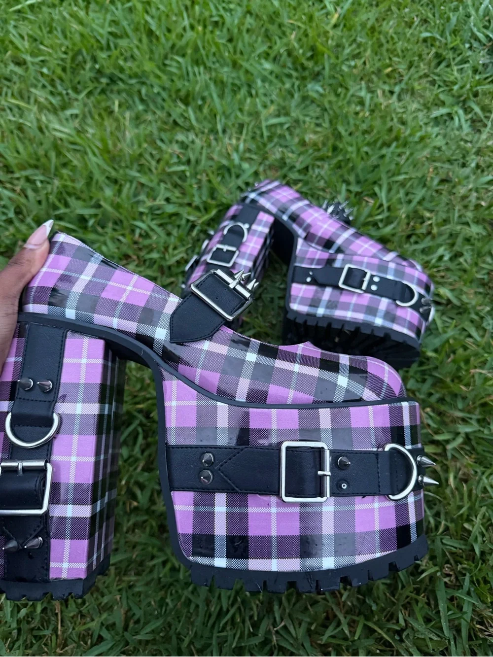 Dolls Kill Pink Plaid Platform Mary Janes with Studded Buckle